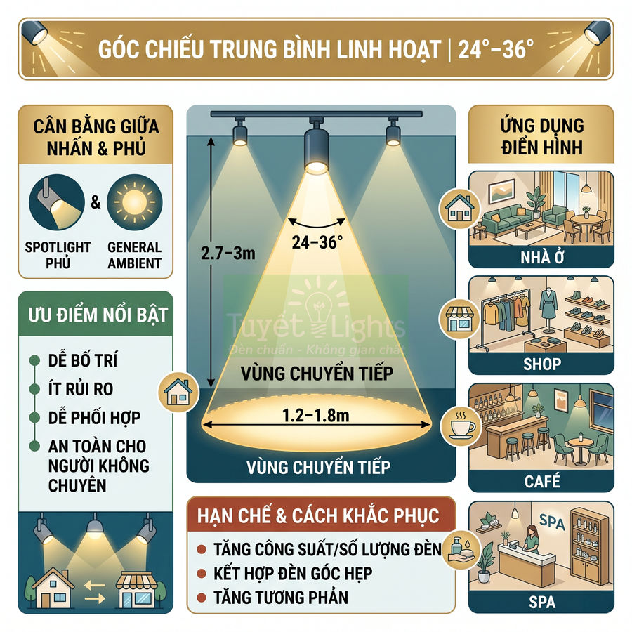 Đèn rọi ray Tuyết Lights góc chiếu trung bình 24 36 độ cho nhà ở shop quán cà phê spa